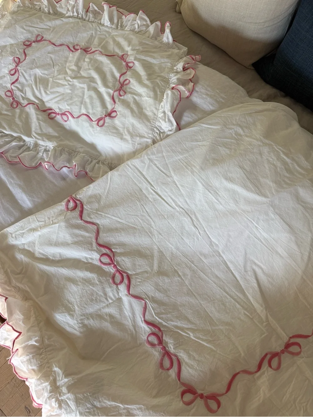 LoveShackFancy White Comforter with Pink Embroidered Ruffle Trim and Sham